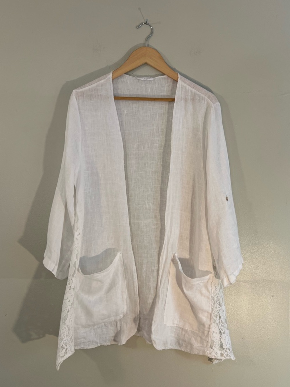 White Linen Lace Detail Open Kimono Cardigan Italian Made Boho Beach Festival